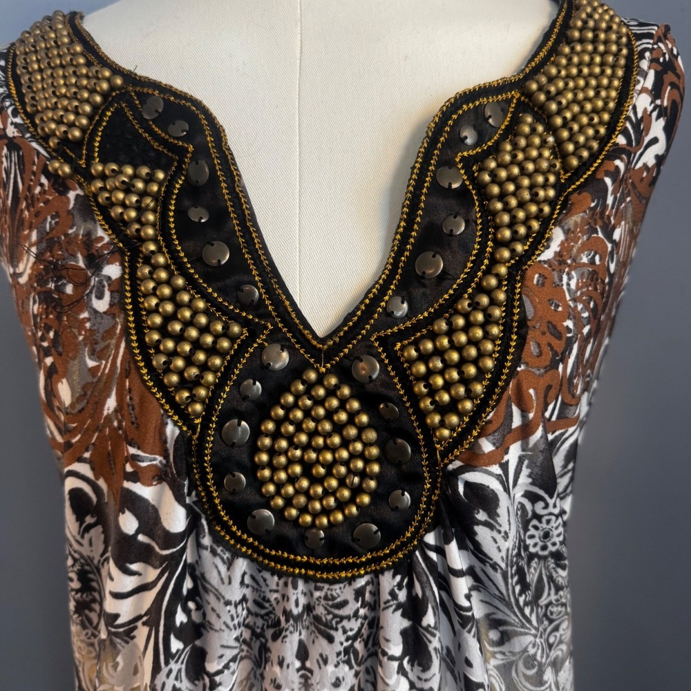 Boho Maxi Dress 0X 14/16W Embellished Beaded Neck Brown Black Stretch Resort - Picture 3 of 16